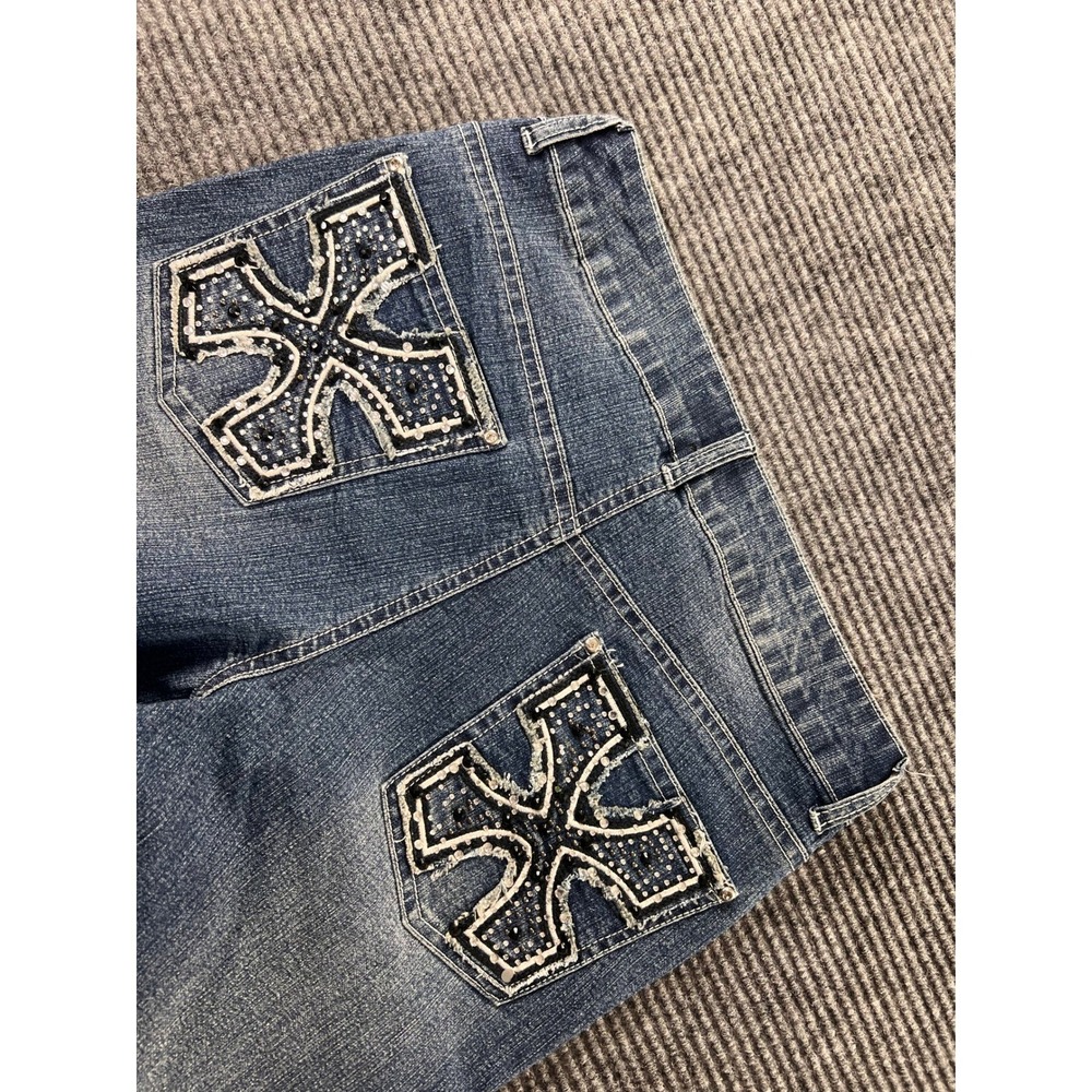 Lei Jeans Womens 8 Capri Cropped Blue Denim Embellished Cross Pockets Stretch